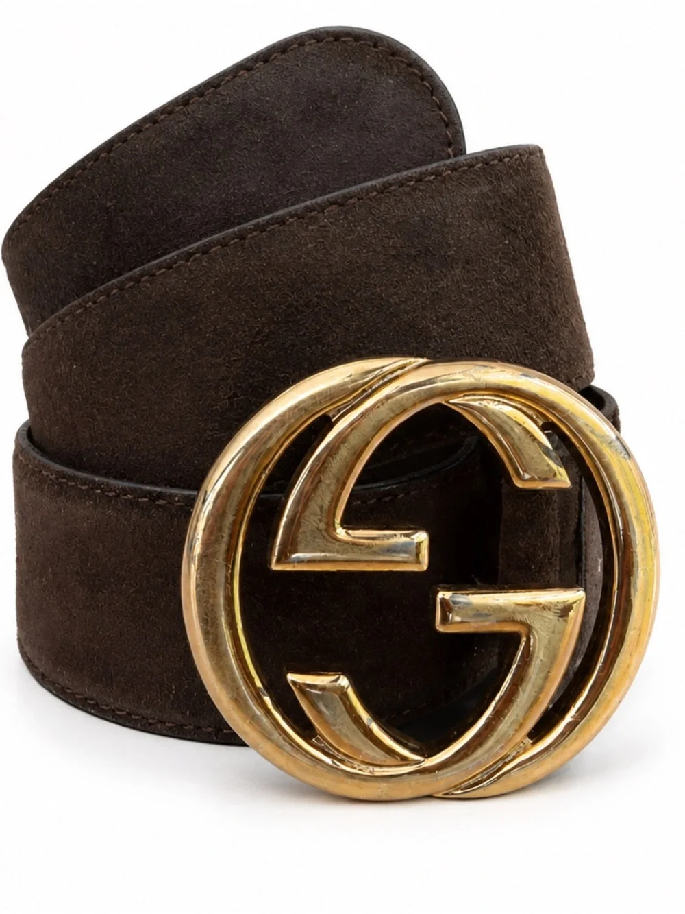 Gucci Vintage Brown Suede Belt Interlocking GG Gold Buckle 75/30